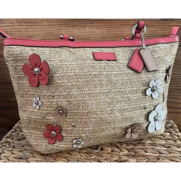 Coach Straw Floral Appliqué Tote – Coral - tea rose - Picture 11 of 11